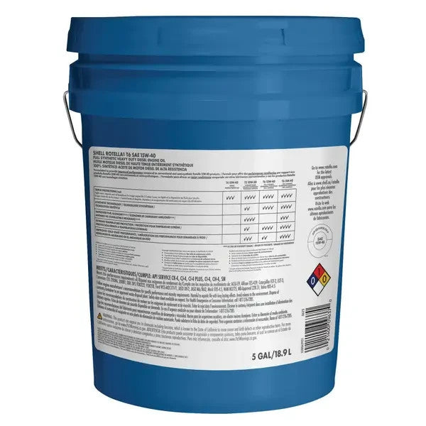 Shell Rotella T6 Full Synthetic 15W-40 5 gallon pail, label detail