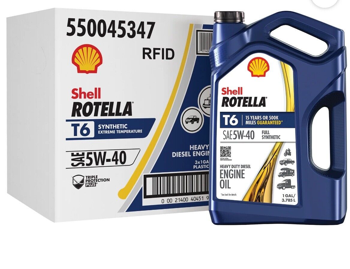 3 PACK Shell Rotella T6 Full Synthetic 5W-40 Diesel Engine Oil, 1 Gallon
