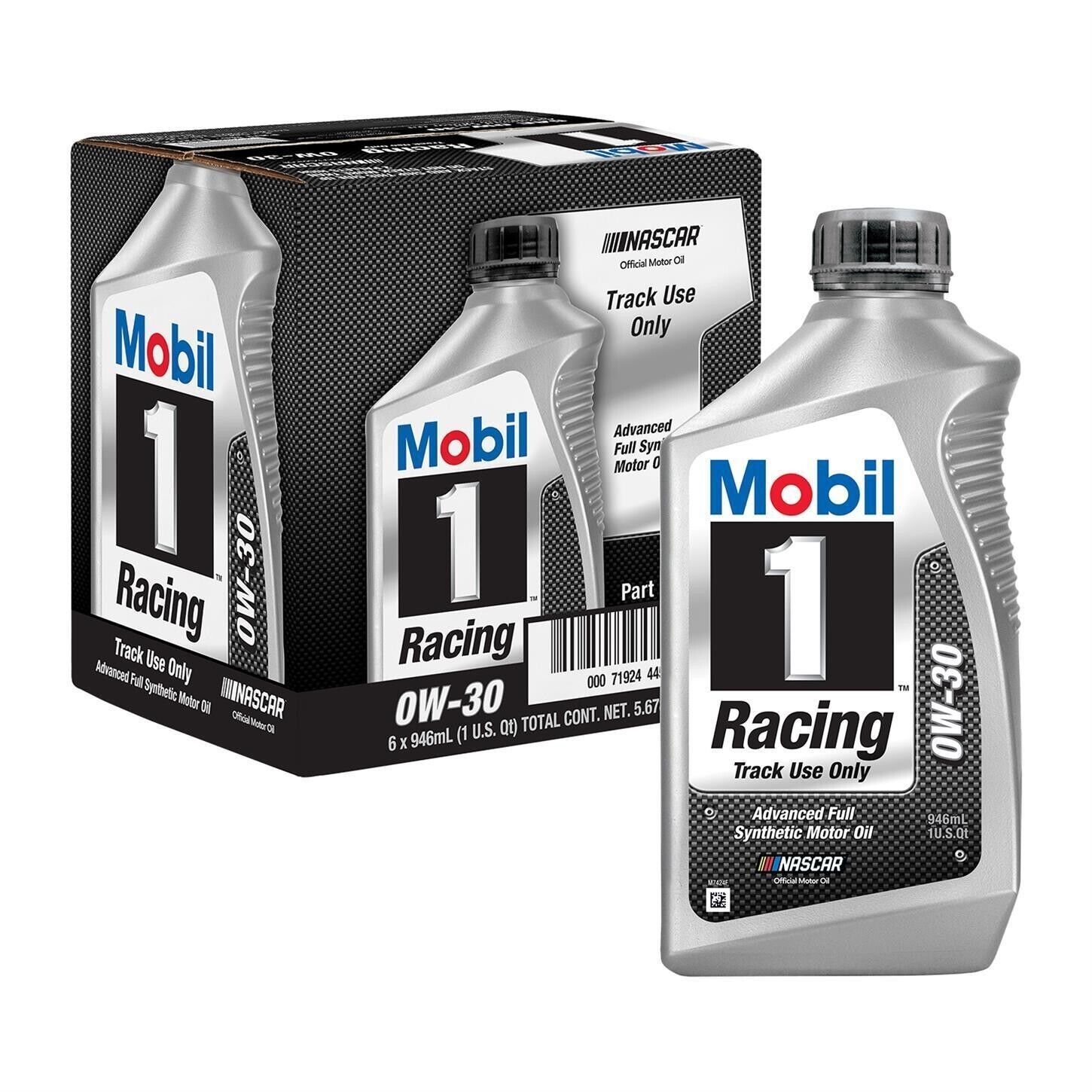 Mobil 1 Racing 0W-30 full synthetic motor oil, case of six 1 quart bottles