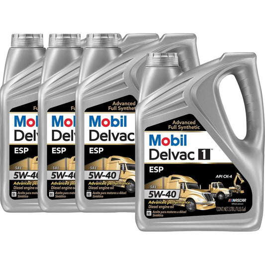 Mobil Delvac 1 ESP 5W-40 full synthetic diesel oil, case of four 1 gallon jugs