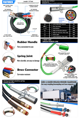 15ft 3 in 1 ABS & Air Line Hose Wrap 7 Way Electrical Cable Semi Truck Trailer