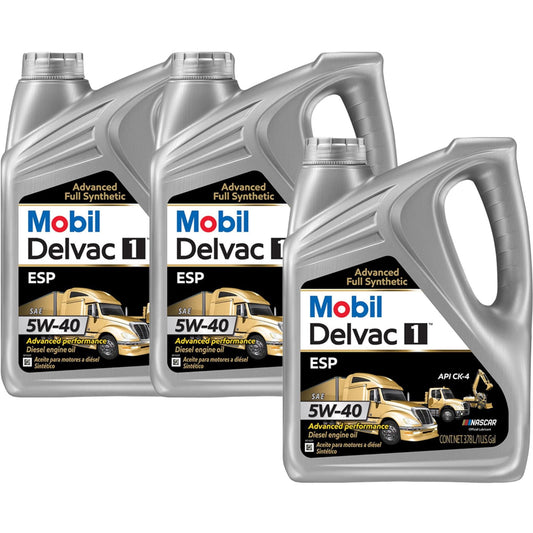 Mobil Delvac 1 ESP 5W-40 full synthetic diesel oil, 1 gallon, box of 3