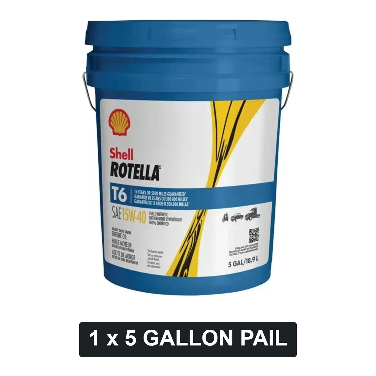 Shell Rotella T6 Full Synthetic 15W-40 diesel engine oil, 1 x 5 gallon pail
