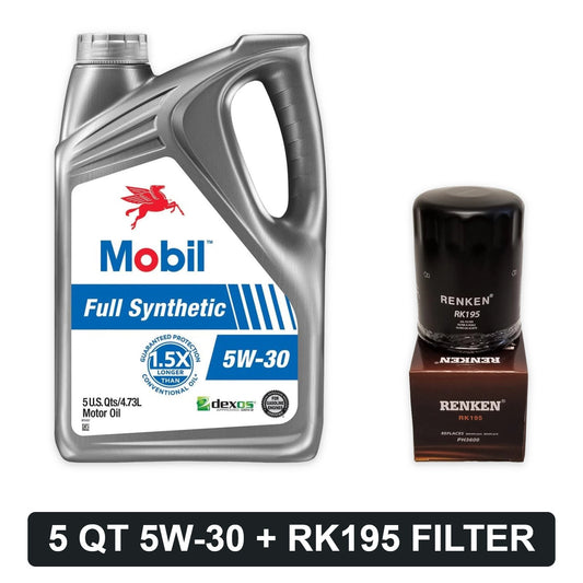 Oil change kit for 2002-2005 Jeep Liberty 3.7L V6: Mobil 1 5W-30 5 quart and RENKEN RK195 oil filter