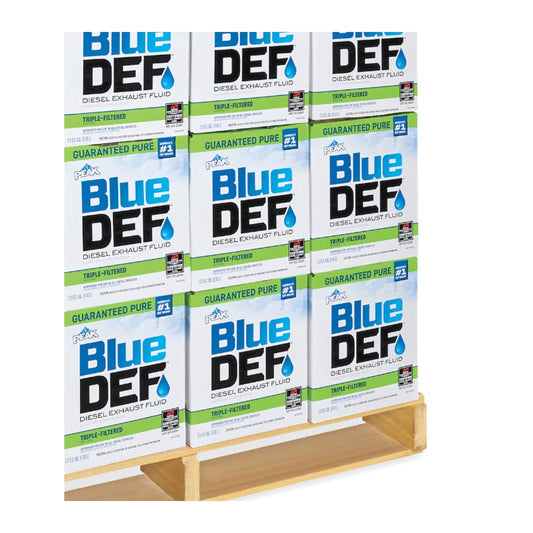 Pallet of PEAK BlueDEF diesel exhaust fluid — 2.5 gallon jugs boxed and stacked on a wooden pallet