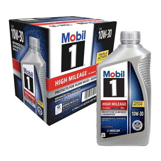 Mobil 1 High Mileage 10W-30 Full Synthetic Motor Oil - 1 Quart, 6-Pack (103535)
