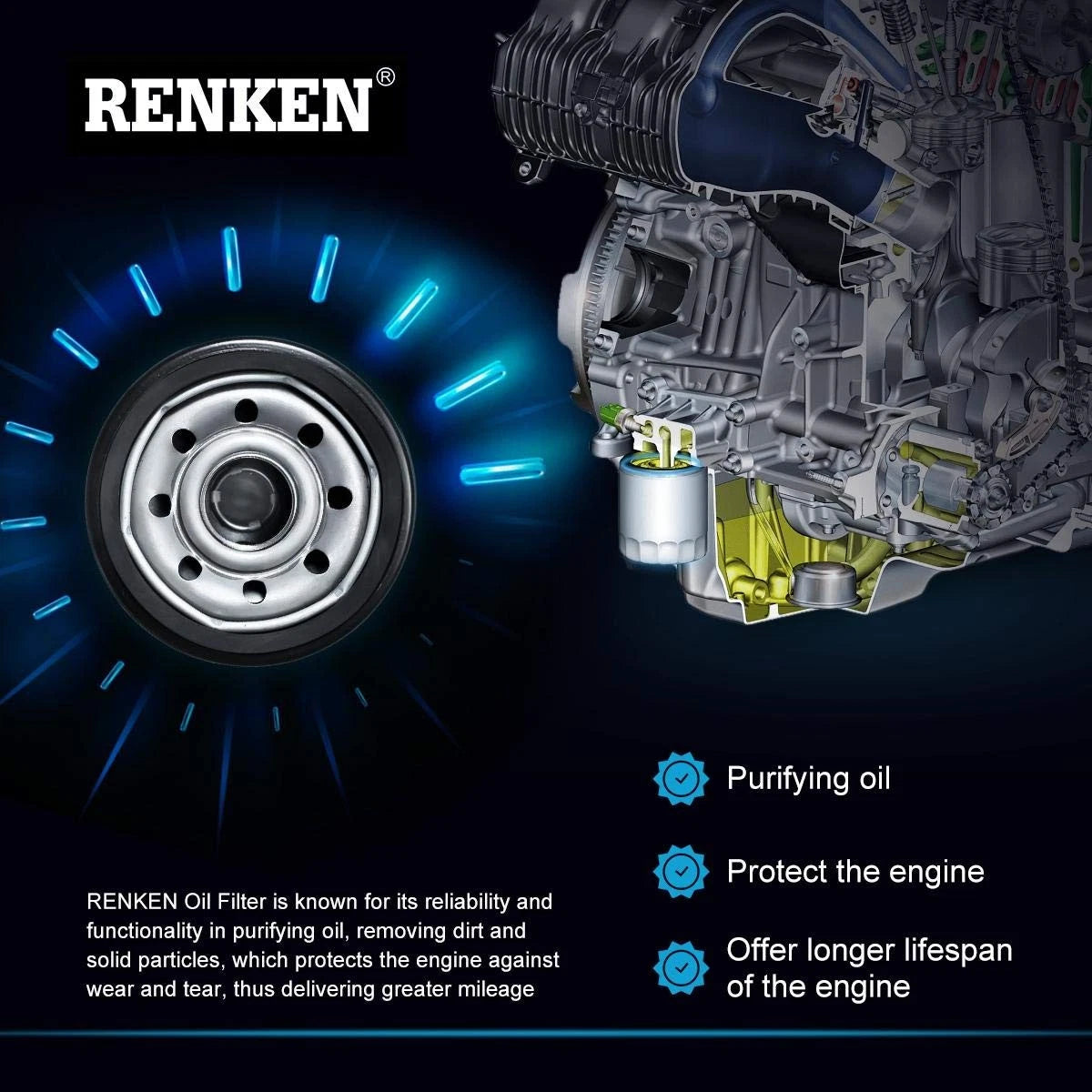 RENKEN RK4610 oil filter for Honda Civic, Accord, CR-V - case of 12, view 6