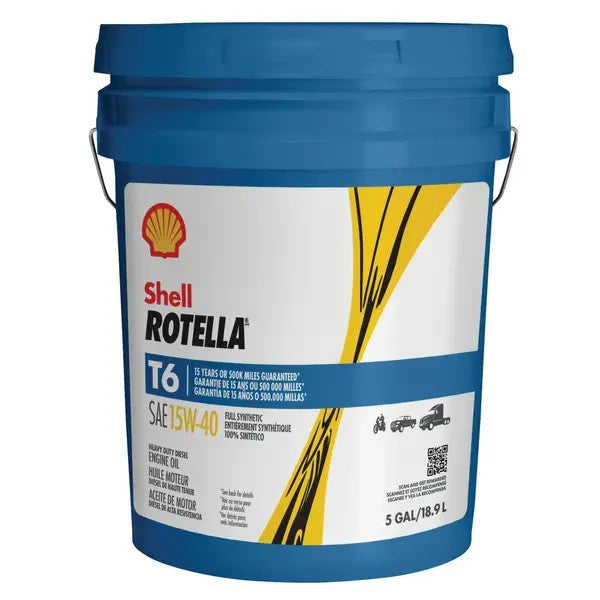 Shell Rotella T6 Full Synthetic 15W-40 heavy duty diesel engine oil, 5 gallon pail