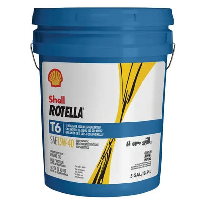 Shell Rotella T6 Full Synthetic 15W-40 heavy duty diesel engine oil, 5 gallon pail