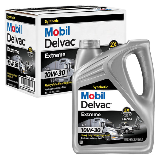 Mobil Delvac Extreme 10W-30 full synthetic diesel oil, case of four gallons